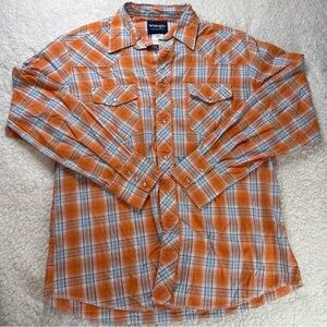Wrangler Western Shirts Men's Orange and Blue Plaid Shirt Pearl Snap Large